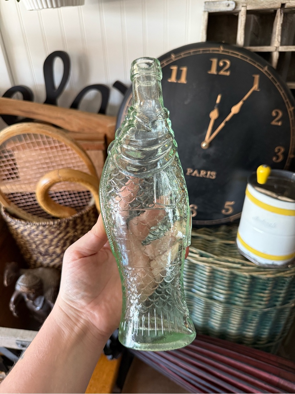 Vintage Fish-Shaped Glass Bottle - Seafoam Green